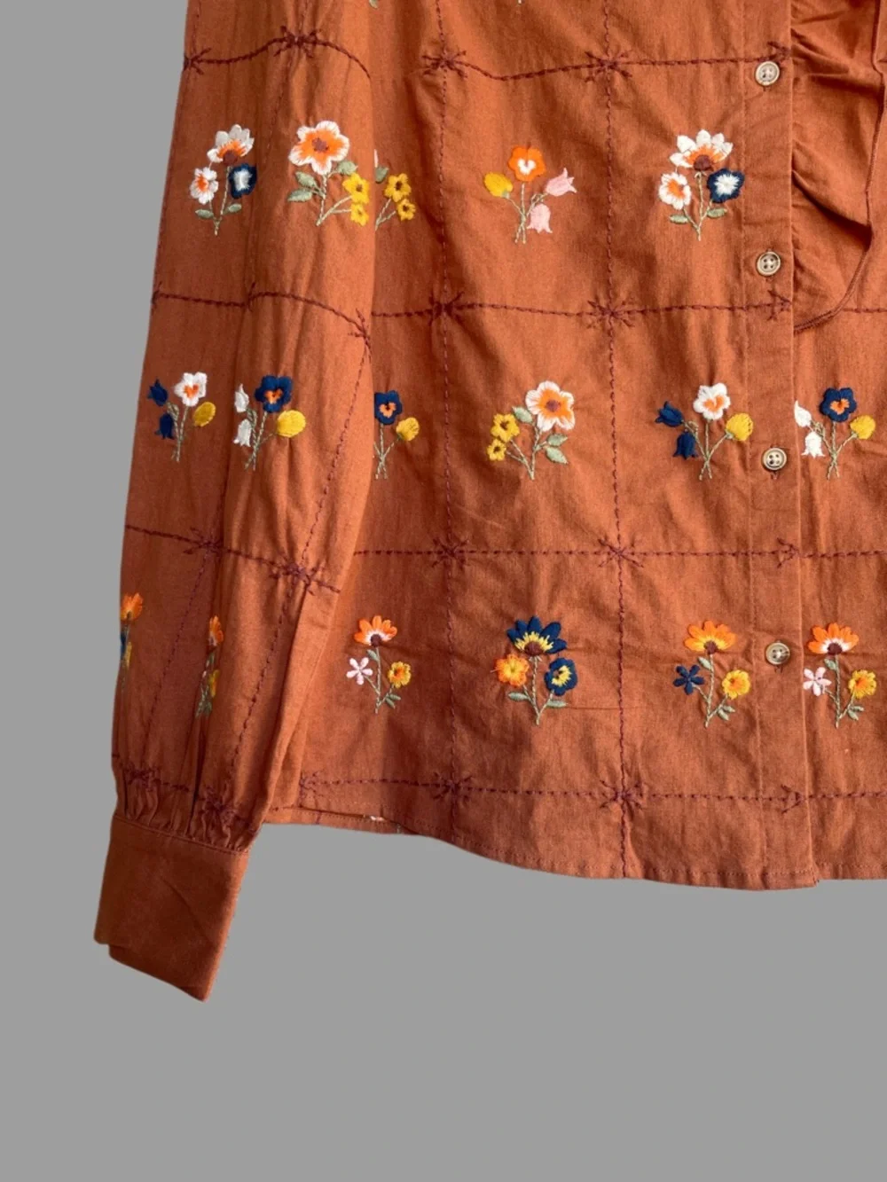 SEZANE Rust Orange Blue Floral Embroidered Ruffle Button Down Shirt Chlo Blouse - Picture 10 of 17